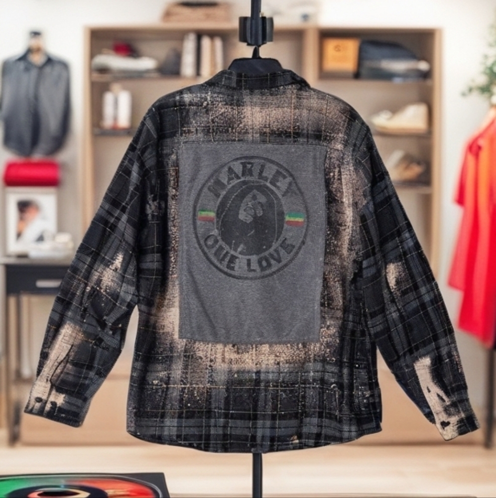 Upcycled BOB MARLEY Distressed Plaid Flannel, One Of A Kind